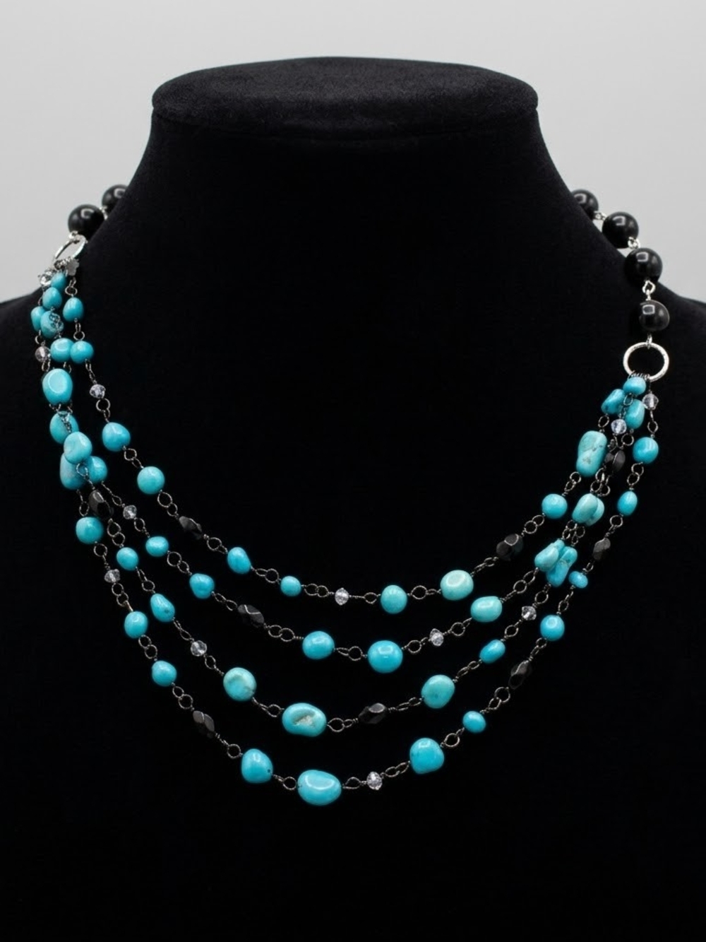 Vtg Sterling Silver 925 Multi Strand Turquoise Onyx Beaded Necklace Western Boho